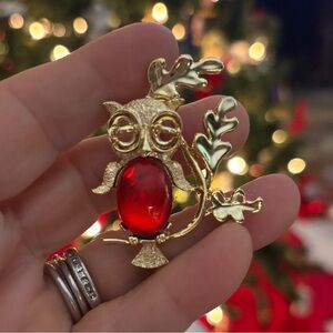 Gold Owl Brooch with Red Gemstone